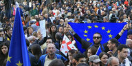 Zahlreiche Demonstranten mit Europa-Flaggen versammeln sich vor dem Parlamentsgebäude um gegen das «russische Gesetz» zu protestieren