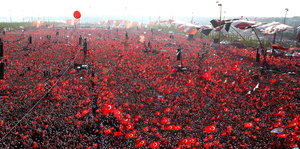 Hunderte von Menschen schwenken bei einer Demonstration Türkeifahnen