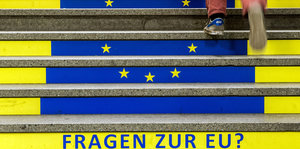 Ein Manh geht eine Treppe hoch, auf der die Europaflagge und die Aufschrift "Fragen zur EU?" zu sehen sind