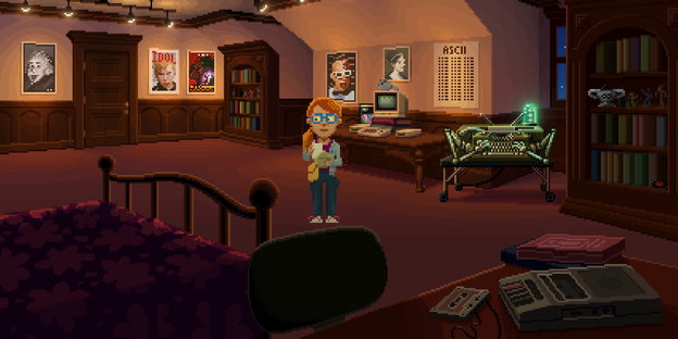 Szene aus einem Computerspiel, eine Frau schaut einen Brief an