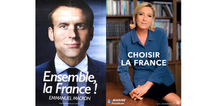 Wahlplakate von Macron und Le Pen. Beide sind in Blau gehalten