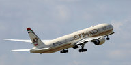 Ein Etihad-Flugzeug steigt vor blaßblauem Himmel auf