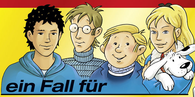 Das Kassettencover von TKKG, man sieht Zeichnungen der vier Hauptfiguren Das Kassettencover von TKKG, man sieht Zeichnungen der vier Hauptfiguren
