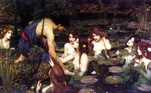 Ein Gemälde zeigt einen bekleideten Mann und mehrere nackte Frauen in einem Teich
