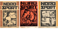 Drei Titelblätter der Zeitung Nordsport. Sie zeigen Holzschnitte von Sportlern und Arbeitern.