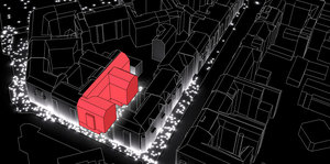 dunkle 3-D-Grafik, Stadtausschnitt mit einem in roter farbe hervorgehobenen Haus