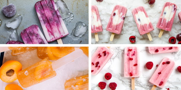 Eis am Stiel mit frischen Himbeeren liegen auf einer Steinplatte Eis am Stiel mit frischen Himbeeren liegen auf einer Steinplatte