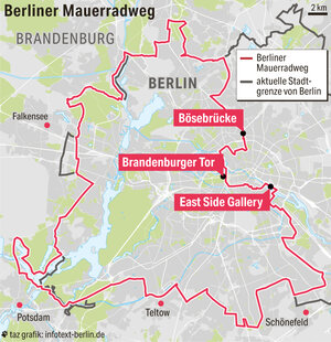 Grafik mit dem Verlauf des Mauerradwegs Grafik mit dem Verlauf des Mauerradwegs