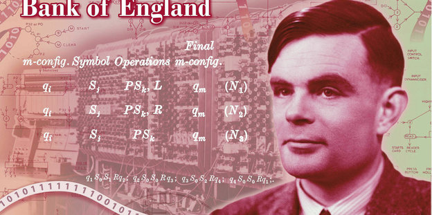 Entwurf einer Banknote mit dem Konterfei Alan Turings auf rötlichem Hintergrund. Darauf mathematische Formeln