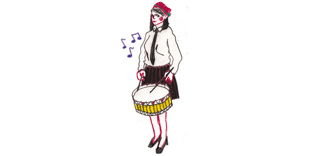 Eine gezeichnete Frau mit Trommel in Tracht