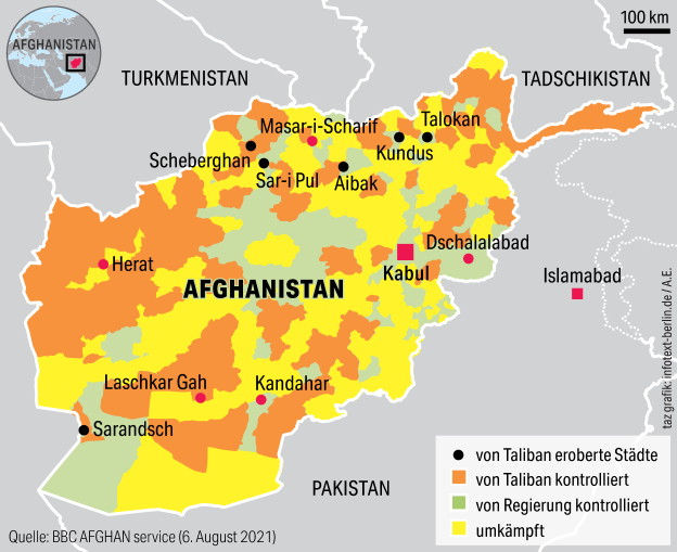 Karte von Afghanistan mit den eroberten und umkämften Städten
