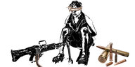 Illustration: ein Maschinengewehr zielt auf das Geschecht eines Mannes, der gefesselt auf dem Boden sitzt, seine Augen sind verbunden