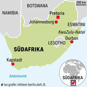 Eine Karte zeigt Südafrika, und die betroffene Region in und um Durban