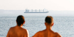 Zwei Personen betrachten ein Frachtschiff auf dem Meer.