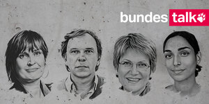 Die Köpfe der taz-Redakteur*innen Anja Krüger, Stefan Reinecke, Sabine am Orde und Jasmin Kalarickal