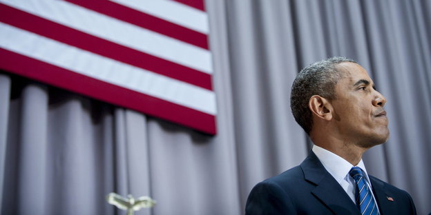 Porträt Obama, im Hintergrund die amerikanische Flagge