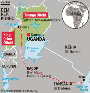 Karte Ostafrikas, hervorgehoben Uganda und die Ölpipeline zum Indischen Ozean