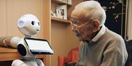 Ein älterer Mann in einem Seniorenheim hat Spaß mit einem Pflegeroboter