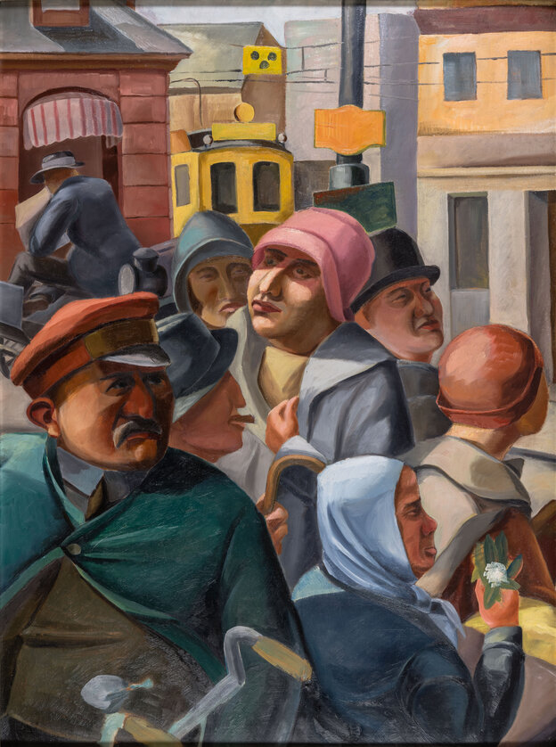 Malerei von Karl Tratt. Sie zeigt eine Straßenszene mit eng gedrängten Menschen, expressionistisch dargestellt