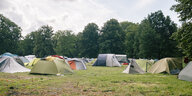 Zelte stehen auf einer Wiese