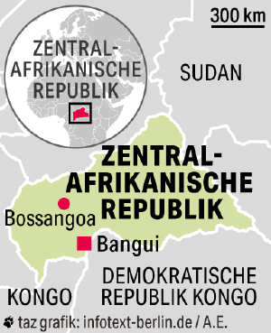 Eine Karte zeigt die geografische Lage der Zentralafrikanischen Republik, südwestlich Sudans und nördlich der Demokratischen Republik Kongo