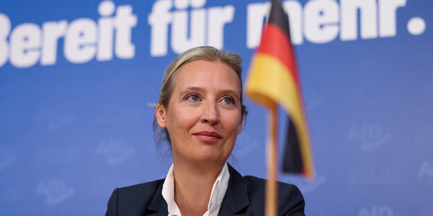 Eine Frau neben einem Deutschlandfähnchen im Portrait