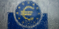 Eurozeichen hinter einer nassen Scheibe.