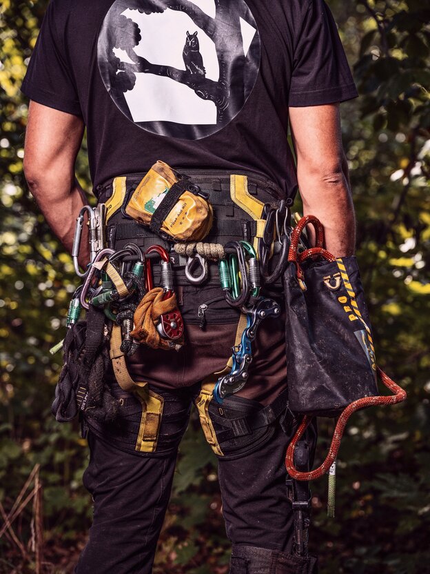 Ludwig Klein von hinten, mit viel Gerät zum Klettern und zur Baumpflege am Gürtel