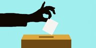 Hand lässt einen Stimmzettel in eine Wahlurne fallen