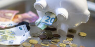 Das Bild zeigt ein Sparschwein, aus dessen offenem Bauch ein 20-Euro-Schein ragt. Davor liegen weitere Schein und zahlreiche Münzen.