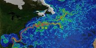 Bunte Simulation der Geschwindigkeit der Oberflächenströmung im Atlantik