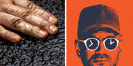 Collage. Links die Hand einer Schwarzen Person auf Asphalt. Rechts das illustrierte Gesicht eines Mannes mit basecap und Sonnenbrille auf orangem Grund.