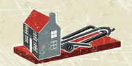 A stylized vector cartoon of a mousetrap and a house suggesting temptation, trap, risk, entrapment, mortgage, loan, house hold finances, challenge or real estate . Money, trap, paper texture and background are on different layers for easy editing.