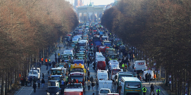 Lastwagen, Kleintransporter und Personen in Berlin, im Hintergrund das Brandenburger Tor