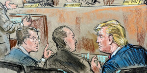 Gerichtszeichnung von Donald Trump im Gespräch mit seinen Anwälten