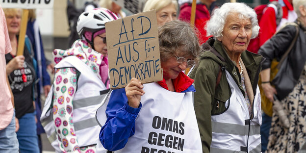 Ältere Frauen mit Anti-AfD Demonstrationsplakaten.