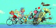 Bunte Comicfiguren auf Fahrrad vor blauem Hintergrund