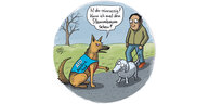 Ein Cartoon in Farbe: Ein Ein Schäferhund, auf dessen Leibchen "AfD Assistenzhund" steht, fragt den Besitzer eines anderen, kleineren Hundes: "Ist der reinrassig? Kann ich mal den Stammbaum sehen?