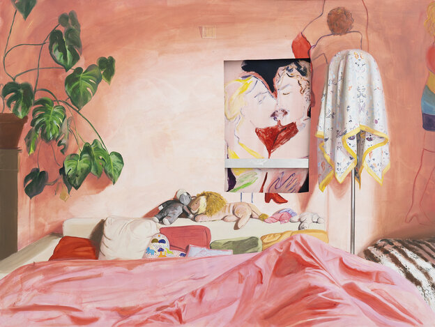 Öl- und Acrylgemälde in Pinktönen. Im oberen rechten Drittel ist ein Cut Out zu sehen, hinter dem eine weitere Malerei von einer Frau und einem Mann zu sehen ist, die sich küssen.