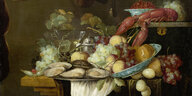Stillleben von Cornelis de Heem aus dem Museum in Odessa. Es ist ein Teller mit Muscheln. Darüber ein Hummer. Auch viel Obst ist auf dem Bild, etwa Trauben.