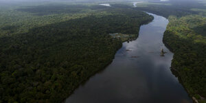 Auf einer Luftaufnahme ist zu sehen, wie der Essequibo-Fluss sich mitten durch den Regenwald schlängelt. Er trennt die gleichnamige Region vom Rest Guyanas