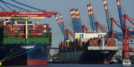Container-Schiffe liegen im Hafen.