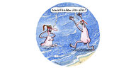 Ein Cartoon, der ein nacktes Paar in Meereswellen zeigt, der Mann ruft: Nacktbaden über alles!