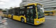 Ein gelber BVG-Bus fährt durch die Stadt.