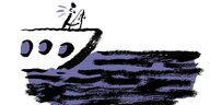 Eine abstrakte Comiczeichnung eines Meeres. Auf der linken Bildseite ist ein Boot zu sehen, dort steht augenscheinlich ein Mensch an Deck.