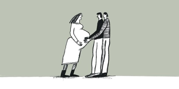 Illustration - eine schwangere Frau mit zwei Partner oder vielleicht Partnerinnen