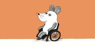 Illustration zeigt eine Maus in einem Rollstuhl vor einem orangefarbenen Hintergrund