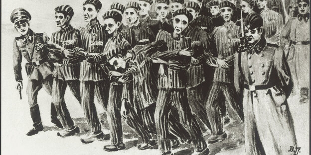 KZ-Häftlinge und Wachleute auf einem Todesmarsch. Zeichnung des Überlebenden W. Petrow