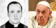 Papst Franziskus damals noch Jorge Bergoglio als Mann in den 40ern und als alter Mann in vollem Papst-Ornat Ostern 2024