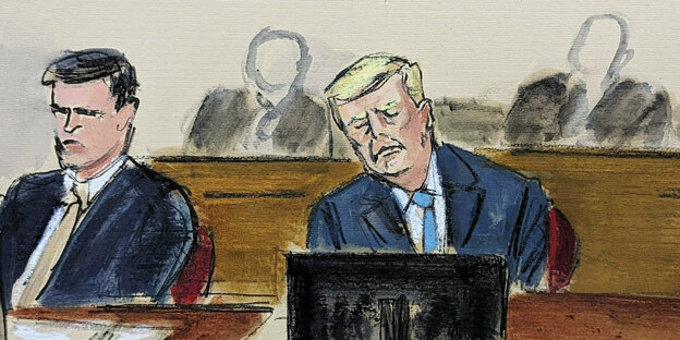Eine Zeichnung zeigt Donald Trump auf der Anklagebank